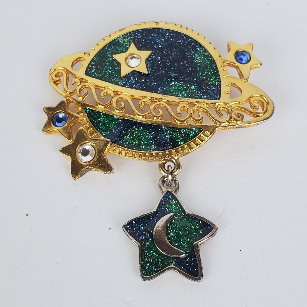 Vtg Signed Newpro Gold Tone Stars Moon Saturn Green Glitter Enamel Pin Brooch
